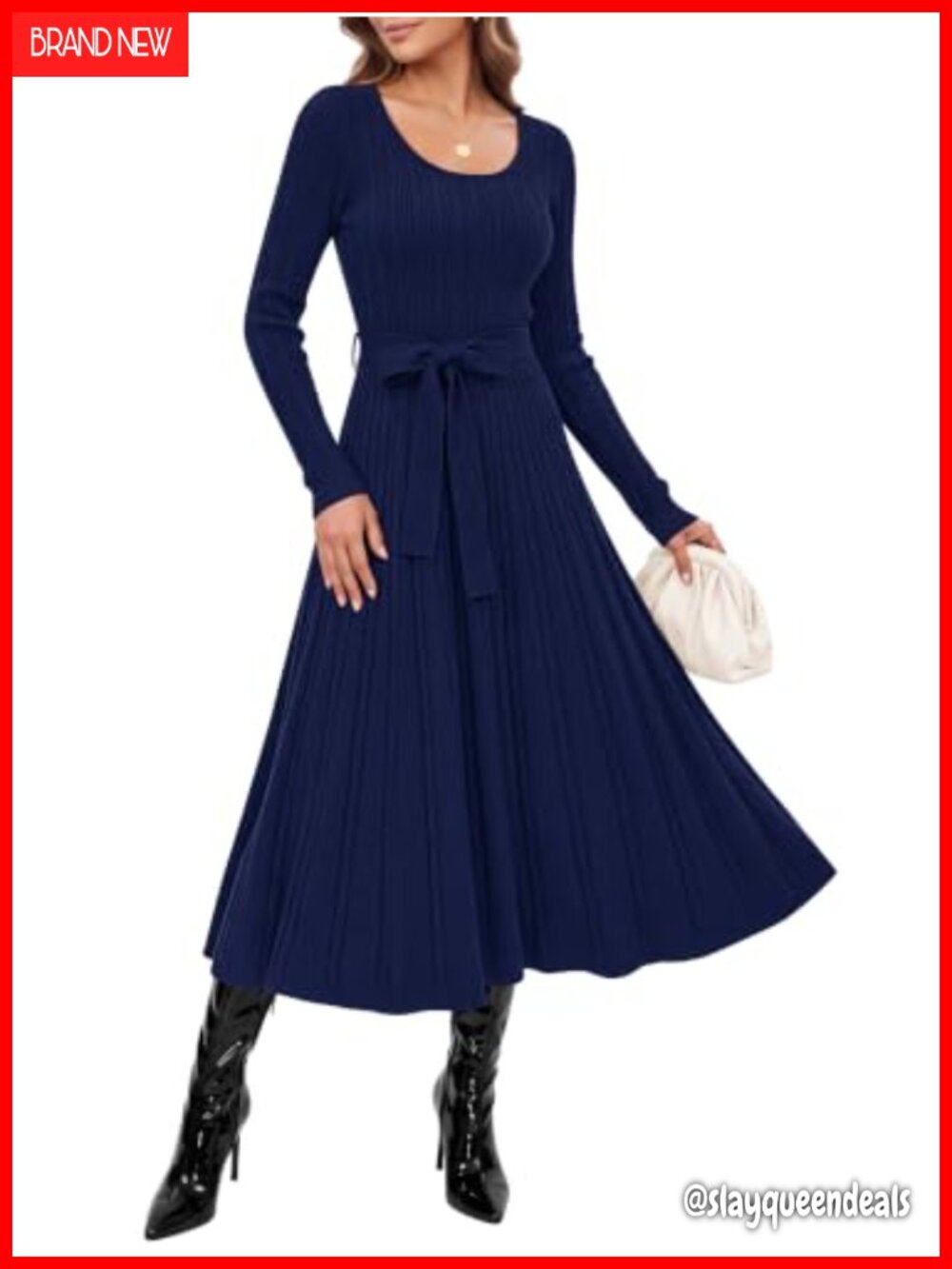 Long Sleeve Cable Knit Sweater Dress Pleated Midi A-Line Women's
